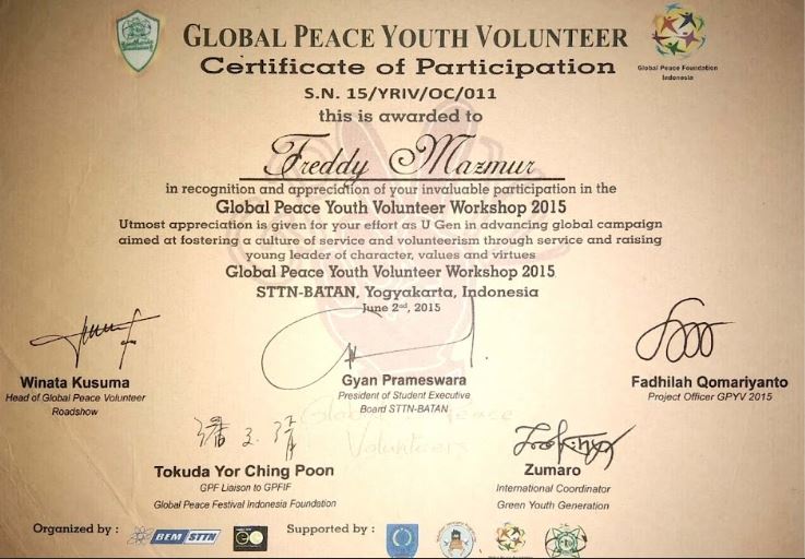 Global Peace Youth Volunteer certificate